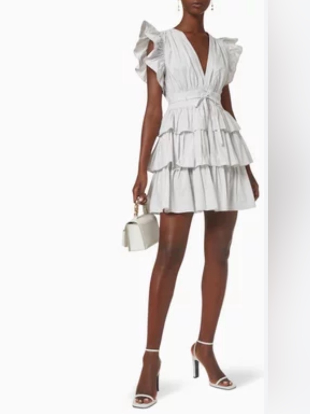 Ulla Johnson Senna Mini Dress Grey Cotton Size 8 Tiered Ruffle V-Neck | Luxury